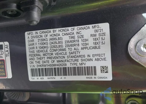 2021 Honda Cr-V 2Wd Ex from USA, damaged, VIN 2HKRW1H50MH426209